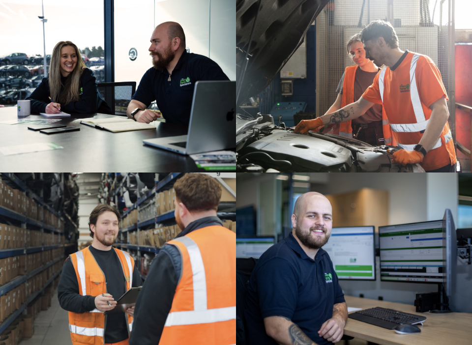 Collage of people in various work settings, including a meeting, repair work, and office environments.