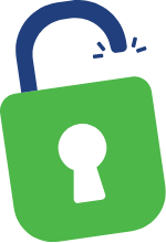 Green lock icon with a blue outline on a white background