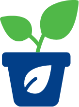 Logo of a plant in a blue pot with a green leaf on a white background