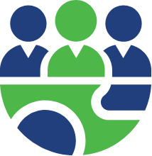 Logo with three stylized figures in blue and green on a white background