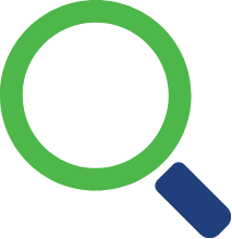 Green magnifying glass icon with a blue handle on a white background